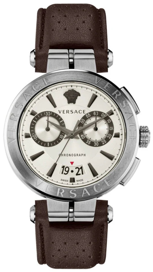 Versace Aion Chronograph Weißes Zifferblatt Grüne Lederarmbanduhr für Herren– VBR010017
