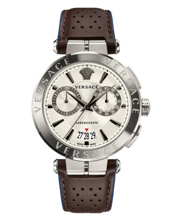 Versace Aion Chronograph Weißes Zifferblatt Grüne Lederarmbanduhr für Herren– VBR010017
