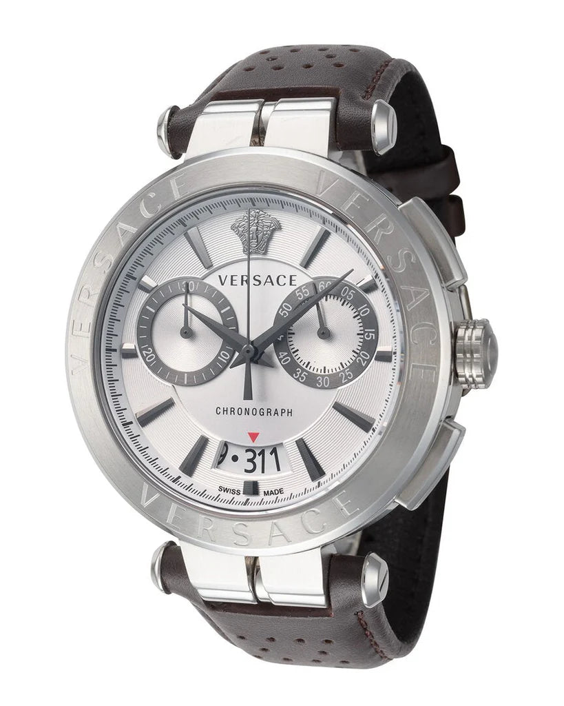 Versace Aion Chronograph Weißes Zifferblatt Grüne Lederarmbanduhr für Herren– VBR010017
