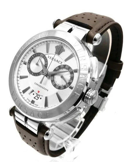 Versace Aion Chronograph Weißes Zifferblatt Grüne Lederarmbanduhr für Herren– VBR010017