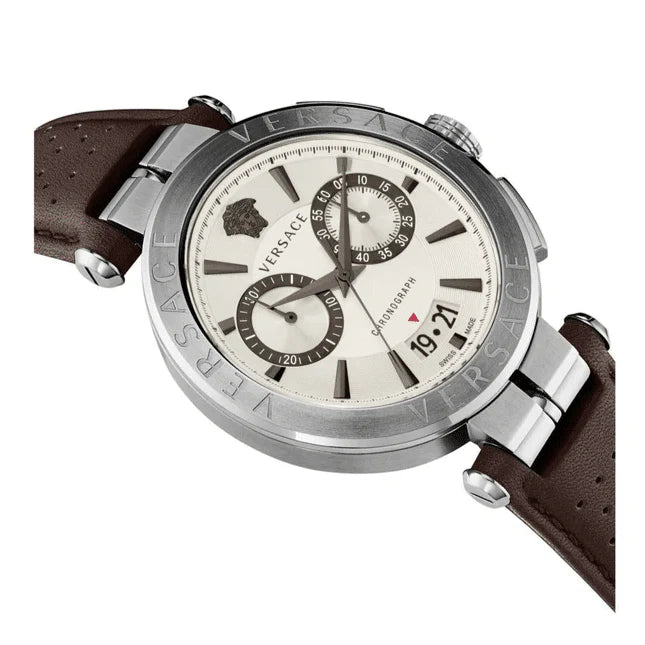 Versace Aion Chronograph Weißes Zifferblatt Grüne Lederarmbanduhr für Herren– VBR010017
