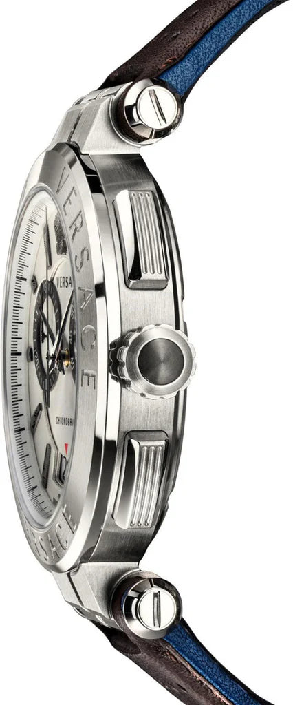 Versace Aion Chronograph Weißes Zifferblatt Grüne Lederarmbanduhr für Herren– VBR010017