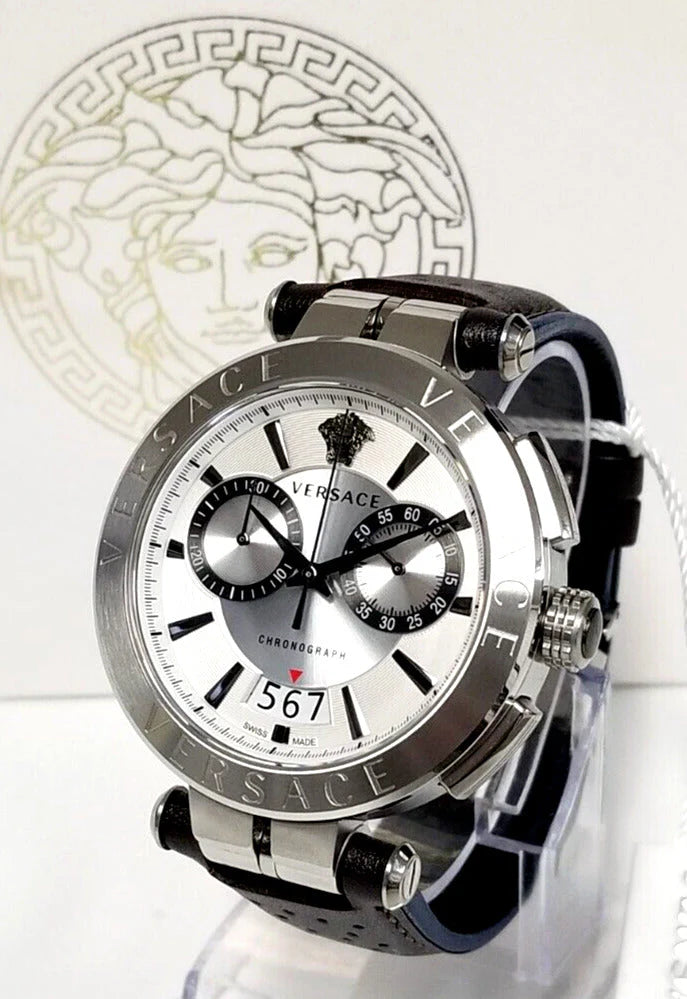 Versace Aion Chronograph Weißes Zifferblatt Grüne Lederarmbanduhr für Herren– VBR010017
