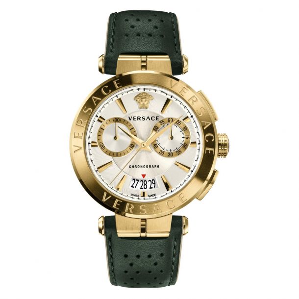Versace Aion Chronograph Weißes Zifferblatt Grüne Lederarmbanduhr für Herren– VBR020017