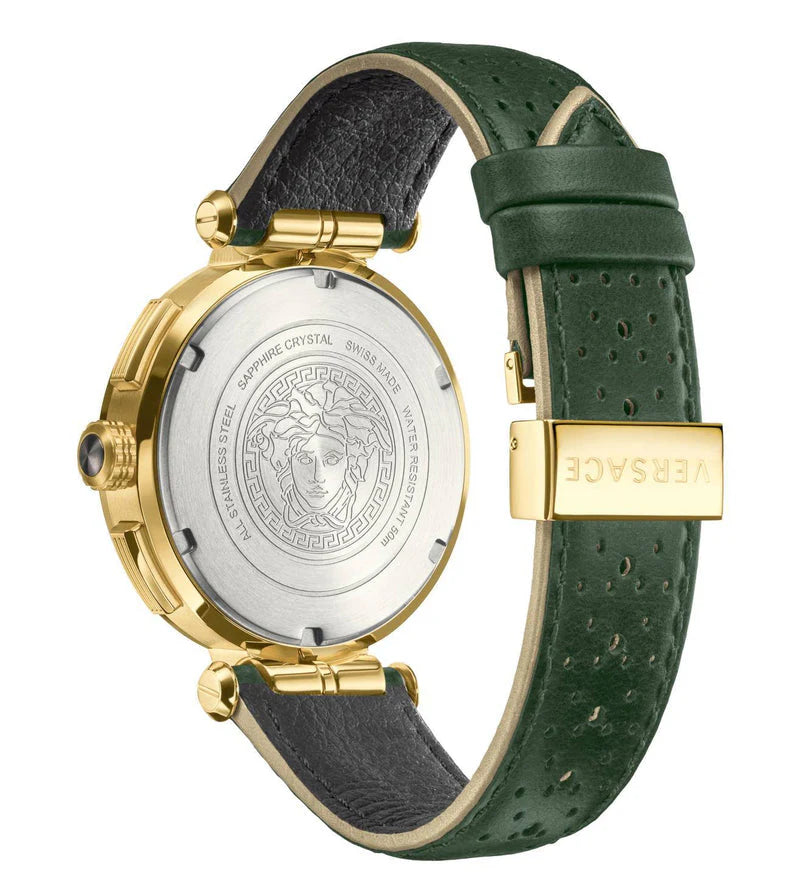 Versace Aion Chronograph Weißes Zifferblatt Grüne Lederarmbanduhr für Herren– VBR020017