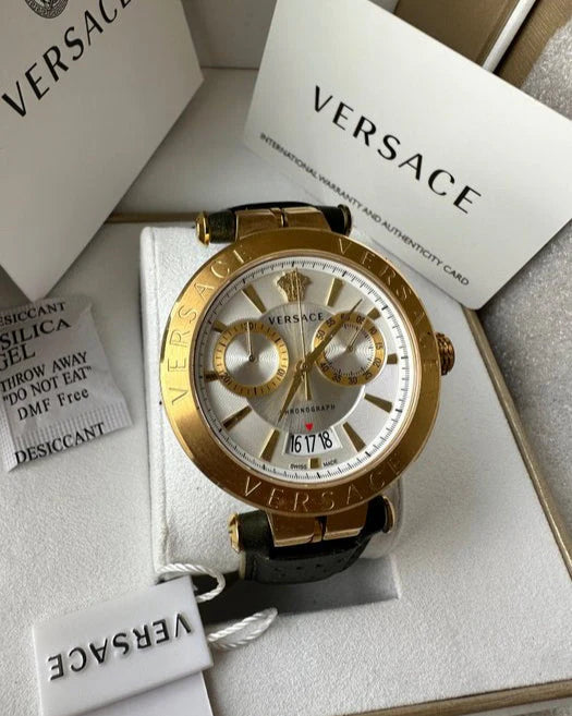 Versace Aion Chronograph Weißes Zifferblatt Grüne Lederarmbanduhr für Herren– VBR020017