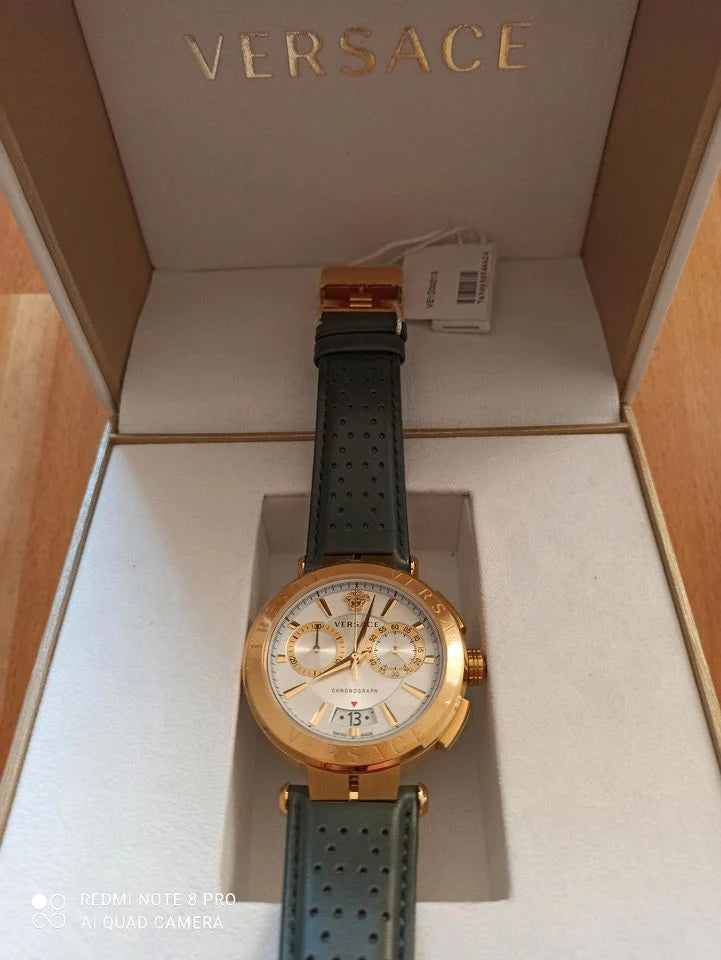 Versace Aion Chronograph Weißes Zifferblatt Grüne Lederarmbanduhr für Herren– VBR020017