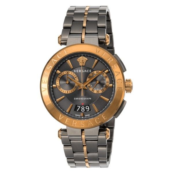 Versace Aion Chronograph mit schwarzem Zifferblatt und grauem Stahlarmband für Herren – VBR050017