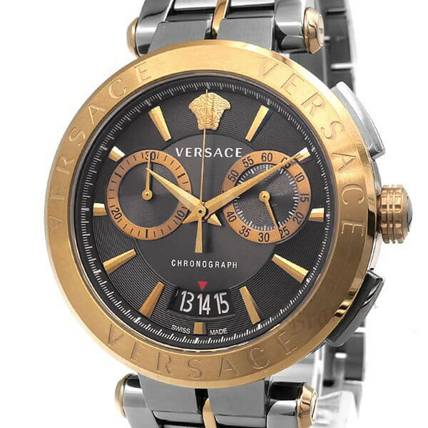 Versace Aion Chronograph mit schwarzem Zifferblatt und grauem Stahlarmband für Herren – VBR050017