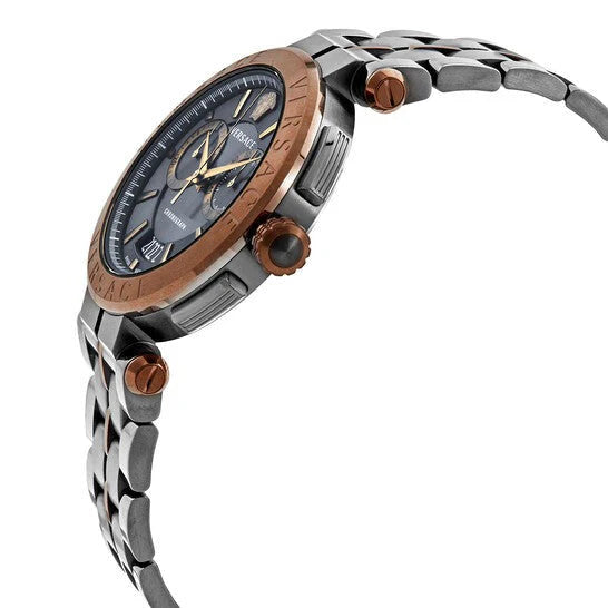 Versace Aion Chronograph mit schwarzem Zifferblatt und grauem Stahlarmband für Herren – VBR050017