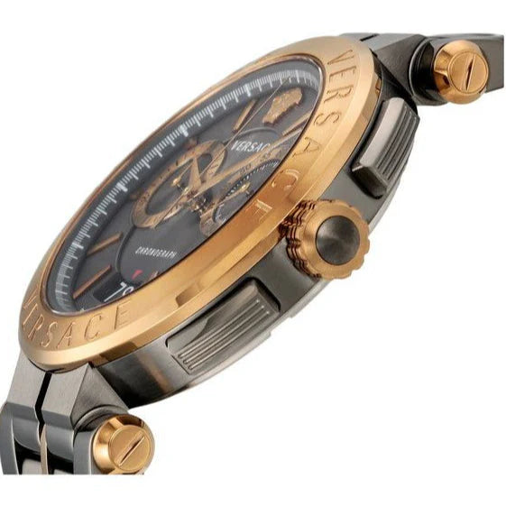 Versace Aion Chronograph mit schwarzem Zifferblatt und grauem Stahlarmband für Herren – VBR050017