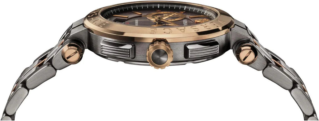Versace Aion Chronograph mit schwarzem Zifferblatt und grauem Stahlarmband für Herren – VBR050017