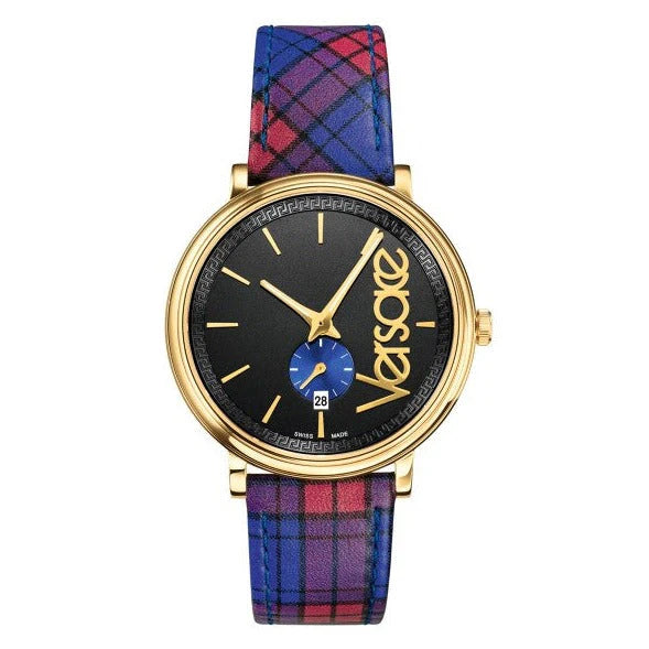 Versace V-Circle The Clans Edition Schwarze Zifferblatt Rot & Blau das Lederarmband, Uhr für Damen - VEBQ00218
