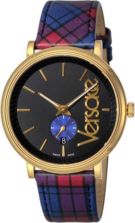 Versace V-Circle The Clans Edition Schwarze Zifferblatt Rot & Blau das Lederarmband, Uhr für Damen - VEBQ00218