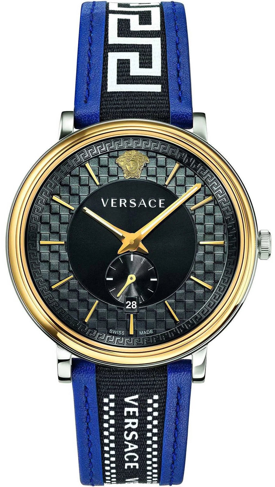 Versace V-Circle Quarzuhr mit schwarzem Zifferblatt und blauem Lederarmband für Herren – VEBQ01419