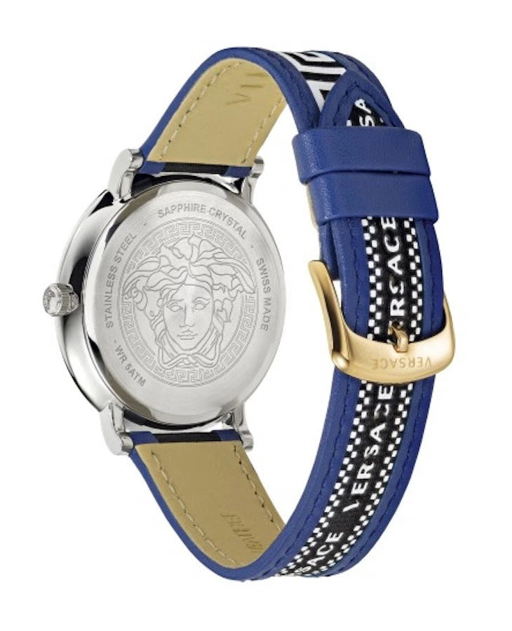 Versace V-Circle Quarzuhr mit schwarzem Zifferblatt und blauem Lederarmband für Herren – VEBQ01419