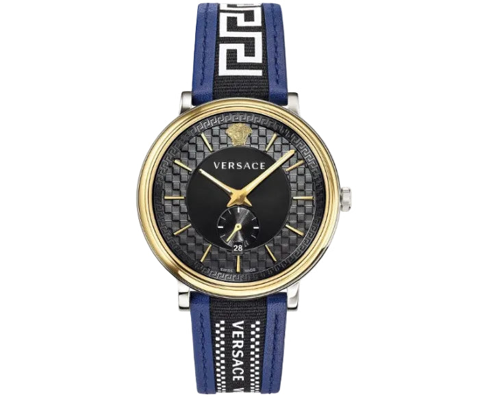 Versace V-Circle Quarzuhr mit schwarzem Zifferblatt und blauem Lederarmband für Herren – VEBQ01419