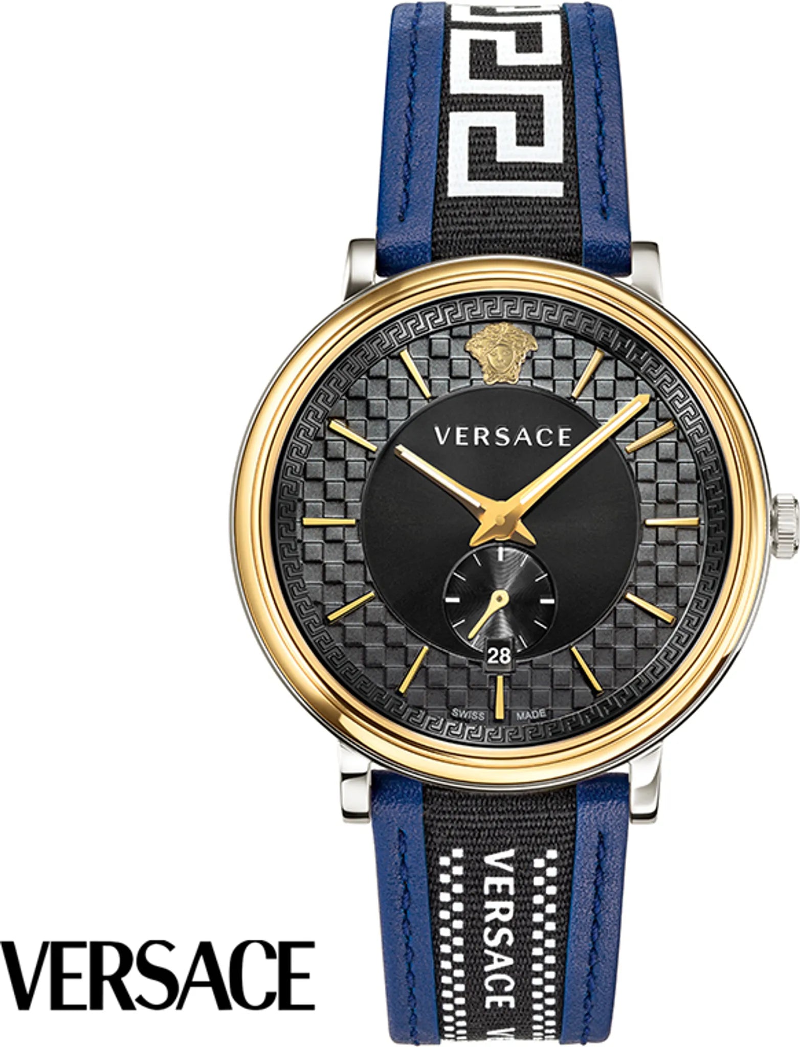 Versace V-Circle Quarzuhr mit schwarzem Zifferblatt und blauem Lederarmband für Herren – VEBQ01419