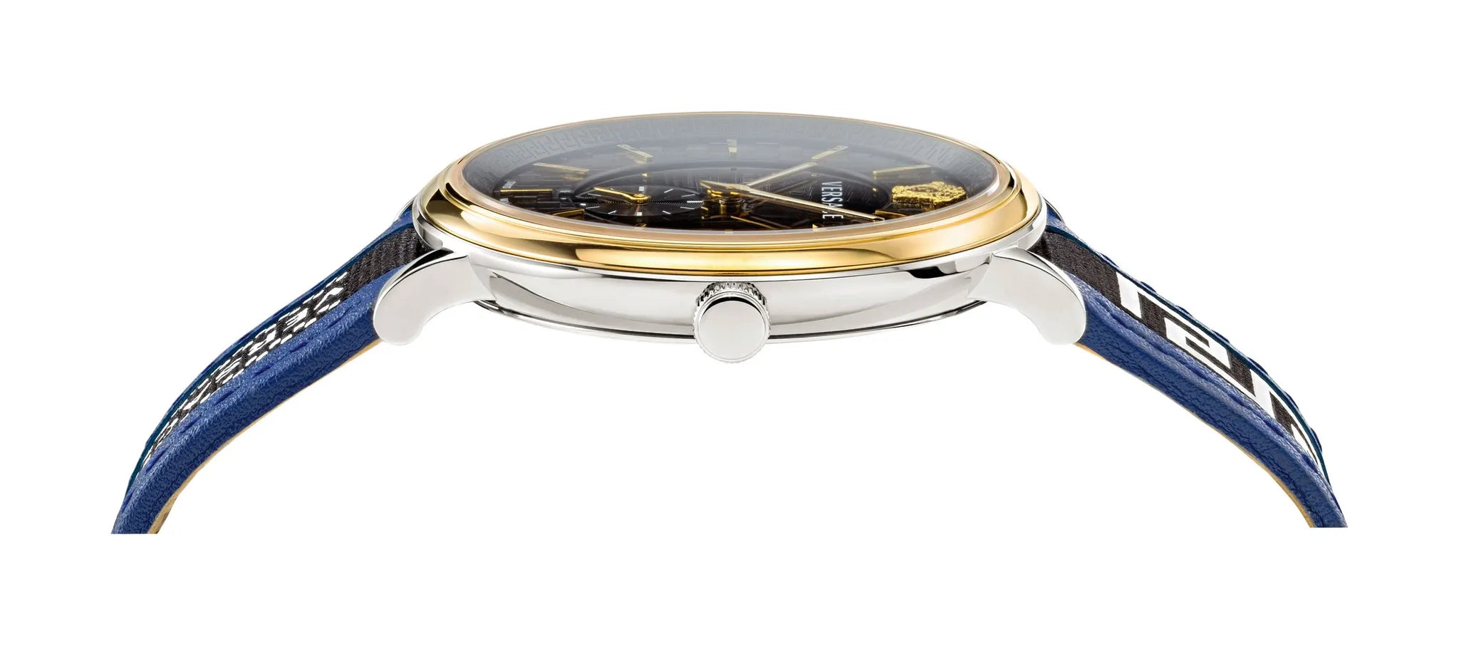 Versace V-Circle Quarzuhr mit schwarzem Zifferblatt und blauem Lederarmband für Herren – VEBQ01419