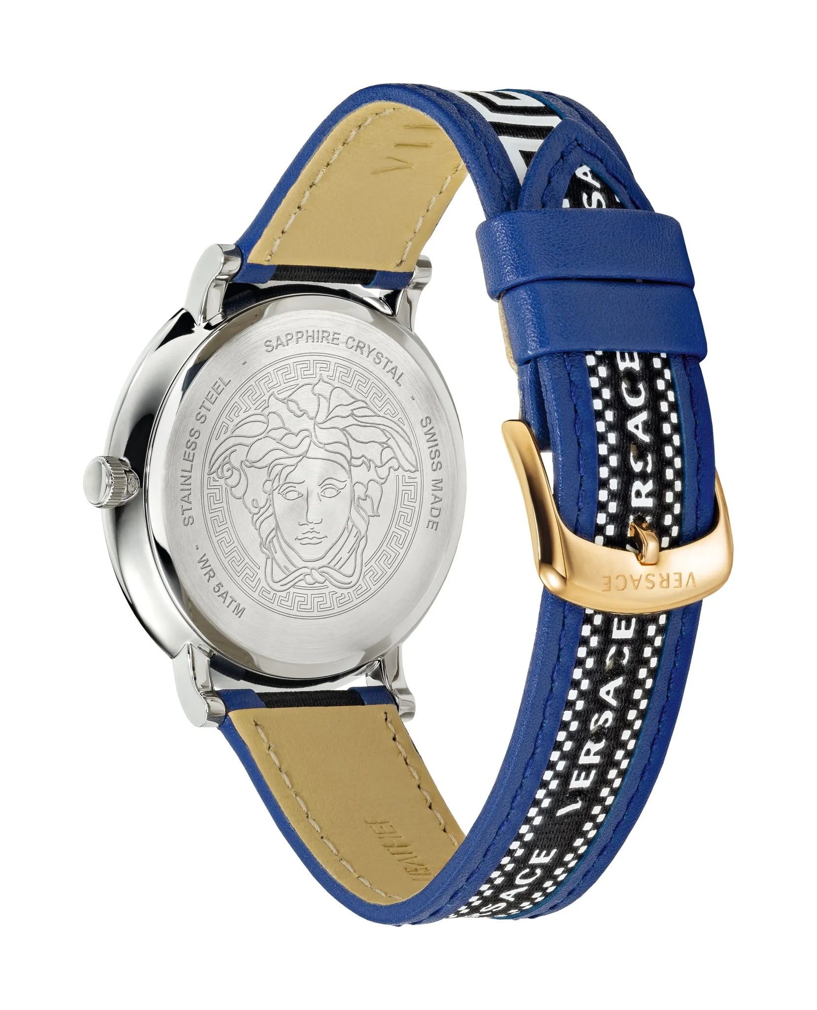 Versace V-Circle Quarzuhr mit schwarzem Zifferblatt und blauem Lederarmband für Herren – VEBQ01419