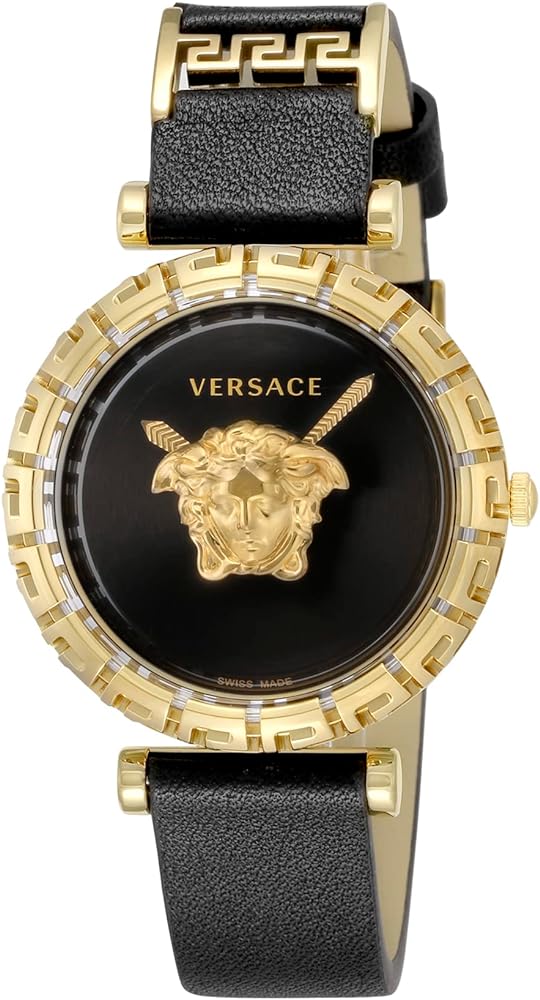 Versace Palazzo Empire Greca Damenuhr mit schwarzem Zifferblatt und schwarzem Lederarmband – VEDV00119