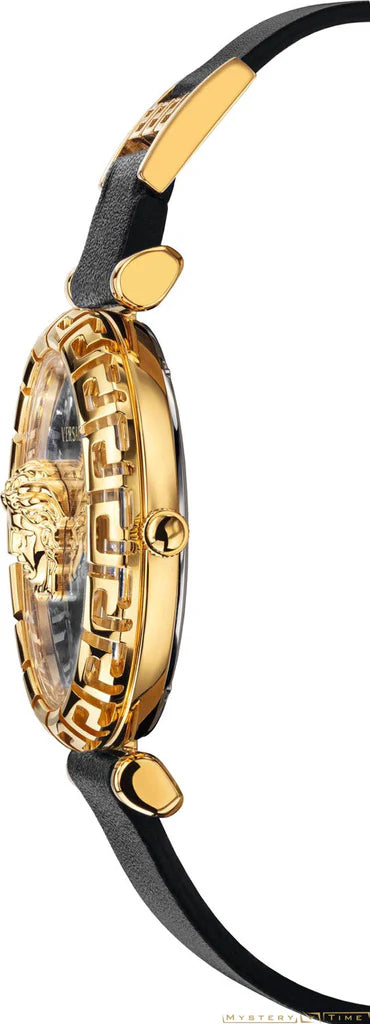 Versace Palazzo Empire Greca Damenuhr mit schwarzem Zifferblatt und schwarzem Lederarmband – VEDV00119