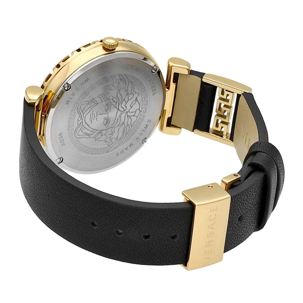 Versace Palazzo Empire Greca Damenuhr mit schwarzem Zifferblatt und schwarzem Lederarmband – VEDV00119