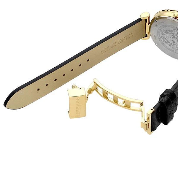 Versace Palazzo Empire Greca Damenuhr mit schwarzem Zifferblatt und schwarzem Lederarmband – VEDV00119