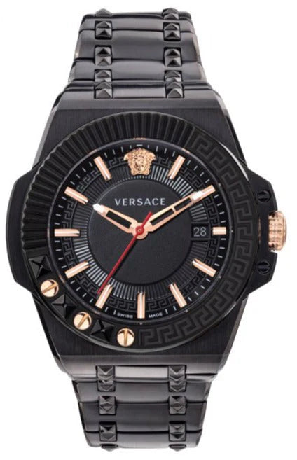 Versace Chain Reaction Quarzuhr für Herren, schwarzes Zifferblatt, schwarzes Edelstahlarmband - VEDY00719