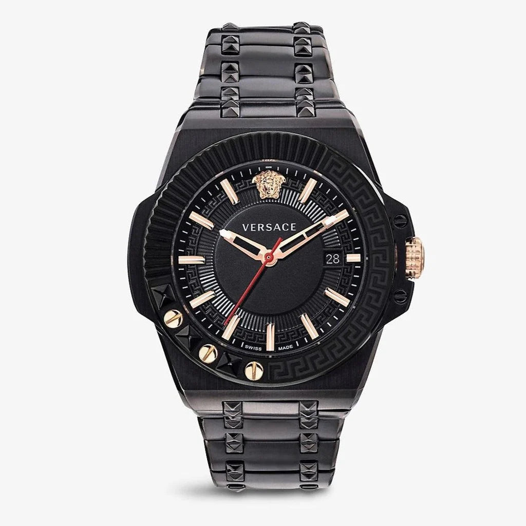 Versace Chain Reaction Quarzuhr für Herren, schwarzes Zifferblatt, schwarzes Edelstahlarmband - VEDY00719