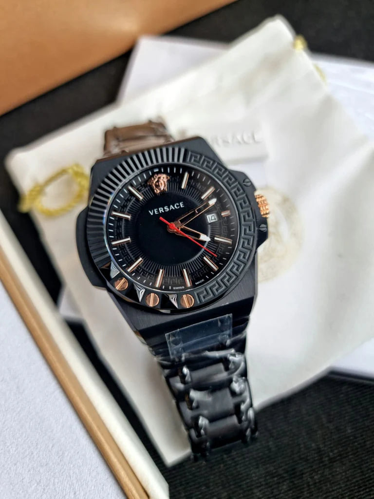 Versace Chain Reaction Quarzuhr für Herren, schwarzes Zifferblatt, schwarzes Edelstahlarmband - VEDY00719