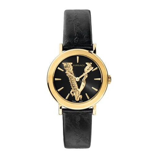 Versace Virtus Quarzuhr mit schwarzem Zifferblatt und schwarzem Lederarmband für Damen – VEHC00119, Damenuhr