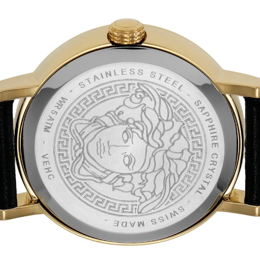 Versace Virtus Quarzuhr mit schwarzem Zifferblatt und schwarzem Lederarmband für Damen – VEHC00119, Damenuhr