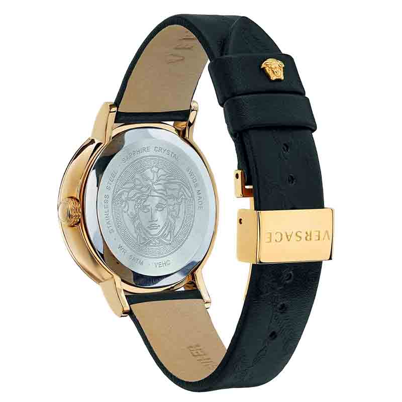Versace Virtus Quarzuhr mit schwarzem Zifferblatt und schwarzem Lederarmband für Damen – VEHC00119, Damenuhr