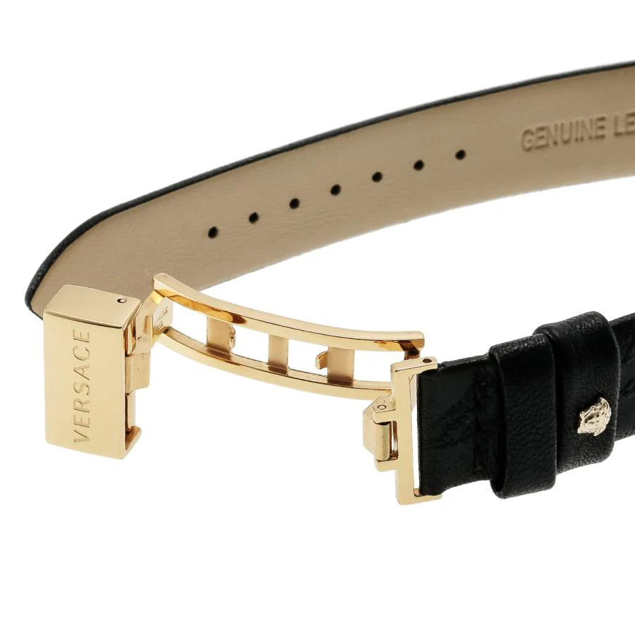 Versace Virtus Quarzuhr mit schwarzem Zifferblatt und schwarzem Lederarmband für Damen – VEHC00119, Damenuhr