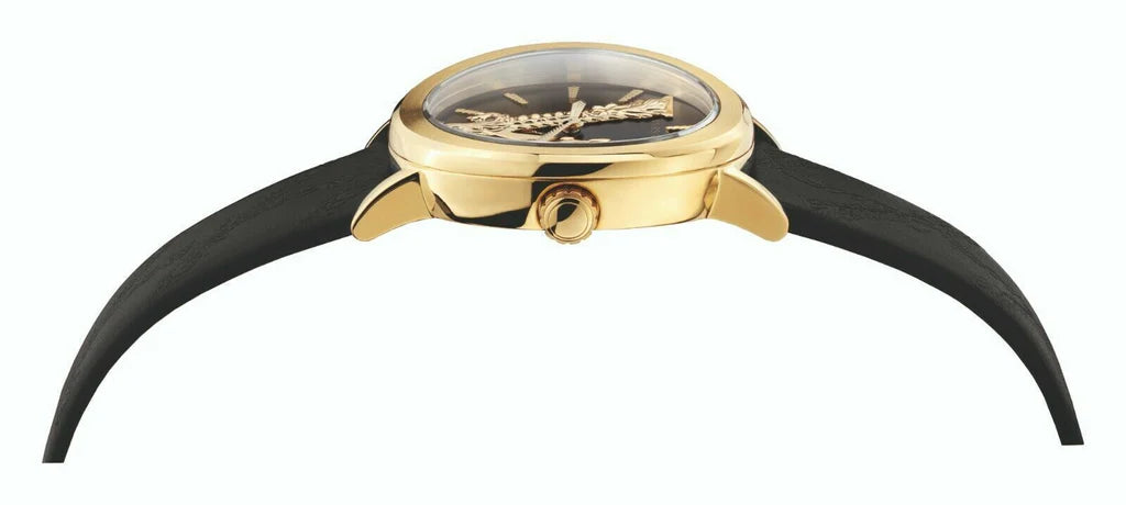 Versace Virtus Quarzuhr mit schwarzem Zifferblatt und schwarzem Lederarmband für Damen – VEHC00119, Damenuhr
