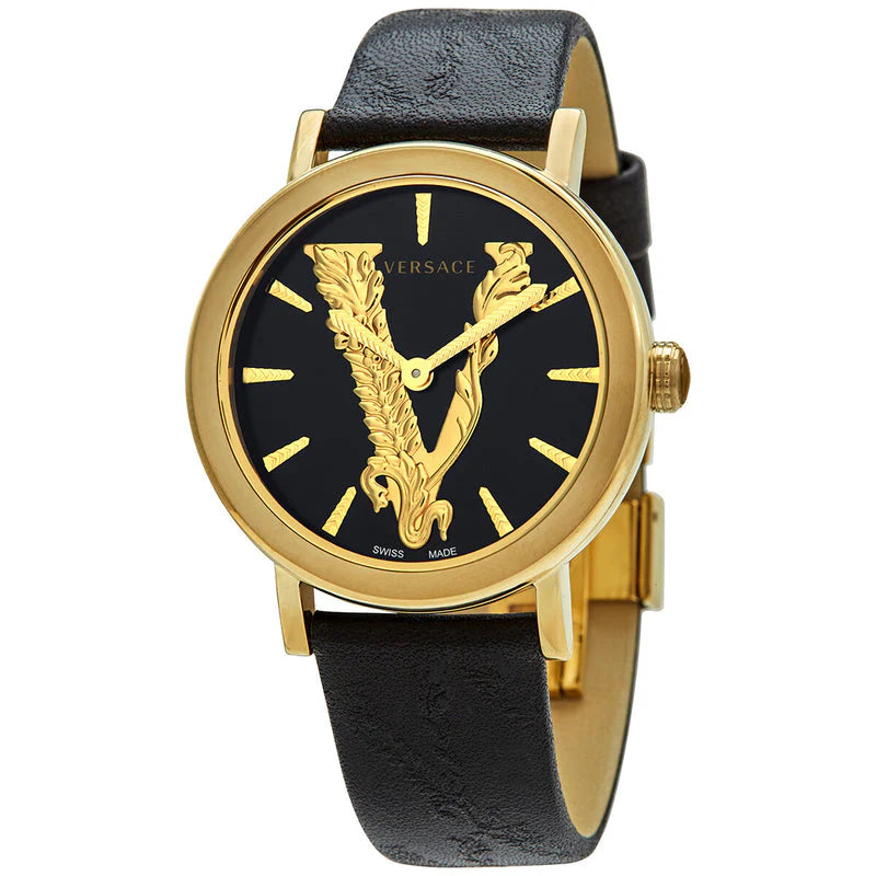 Versace Virtus Quarzuhr mit schwarzem Zifferblatt und schwarzem Lederarmband für Damen – VEHC00119, Damenuhr