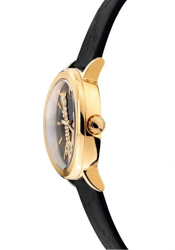 Versace Virtus Quarzuhr mit schwarzem Zifferblatt und schwarzem Lederarmband für Damen – VEHC00119, Damenuhr