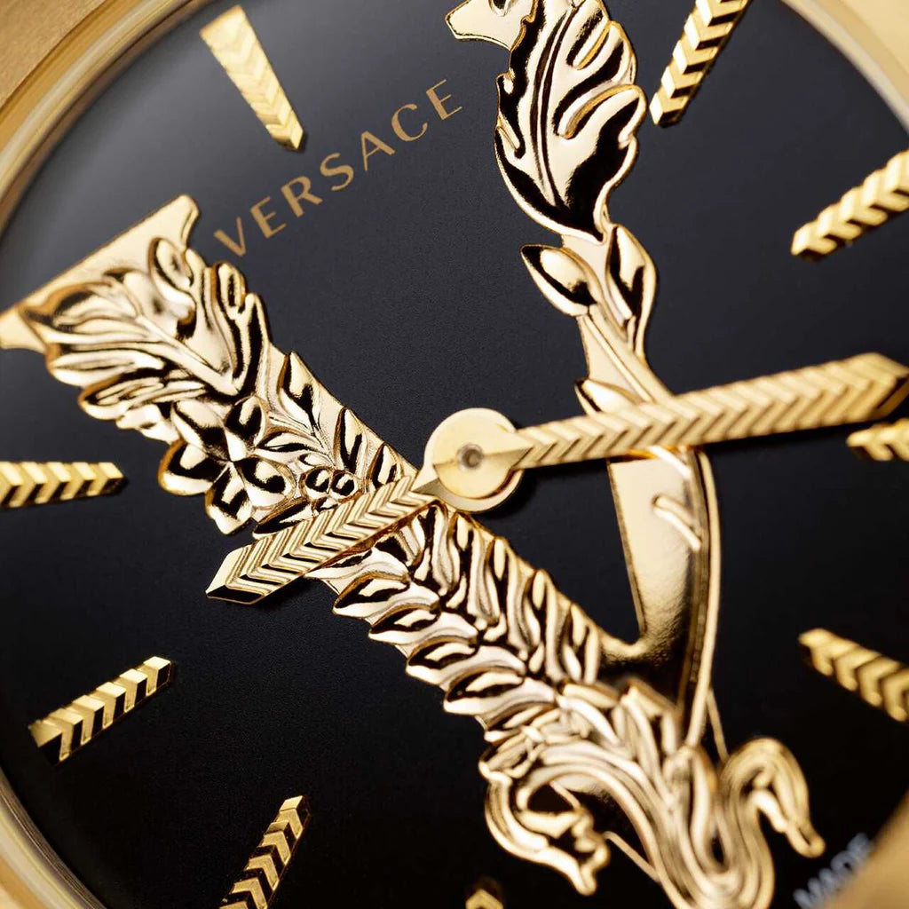 Versace Virtus Quarzuhr mit schwarzem Zifferblatt und schwarzem Lederarmband für Damen – VEHC00119, Damenuhr