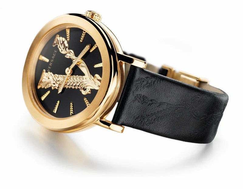 Versace Virtus Quarzuhr mit schwarzem Zifferblatt und schwarzem Lederarmband für Damen – VEHC00119, Damenuhr