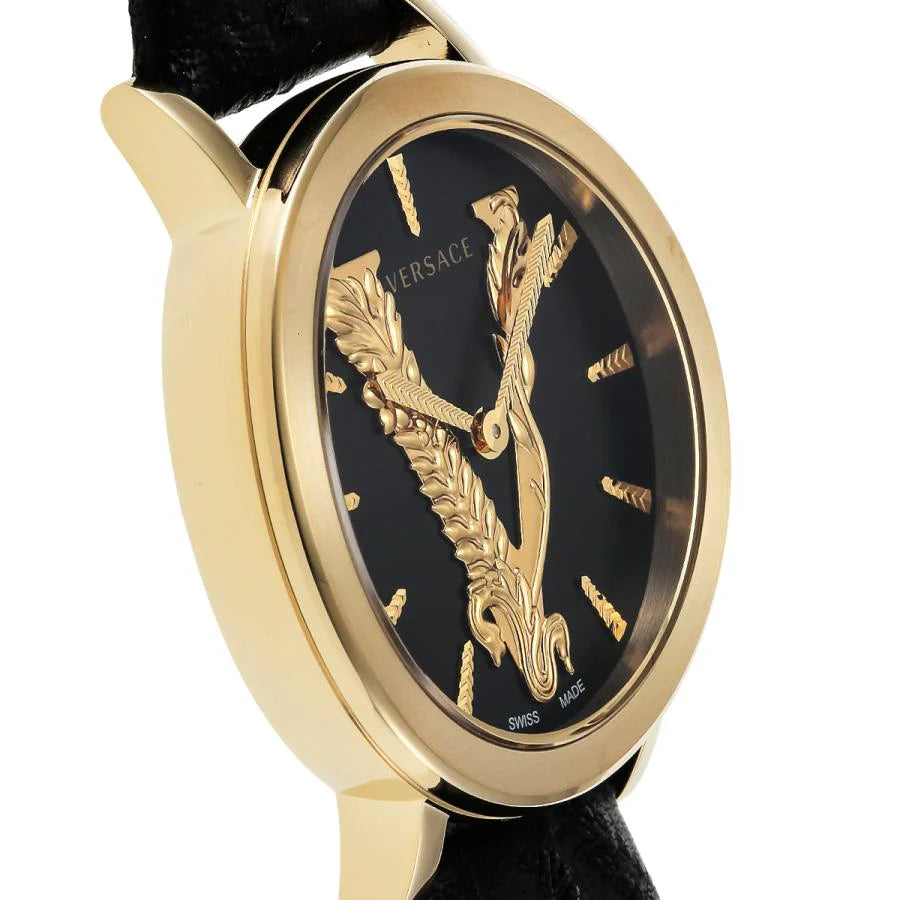 Versace Virtus Quarzuhr mit schwarzem Zifferblatt und schwarzem Lederarmband für Damen – VEHC00119, Damenuhr