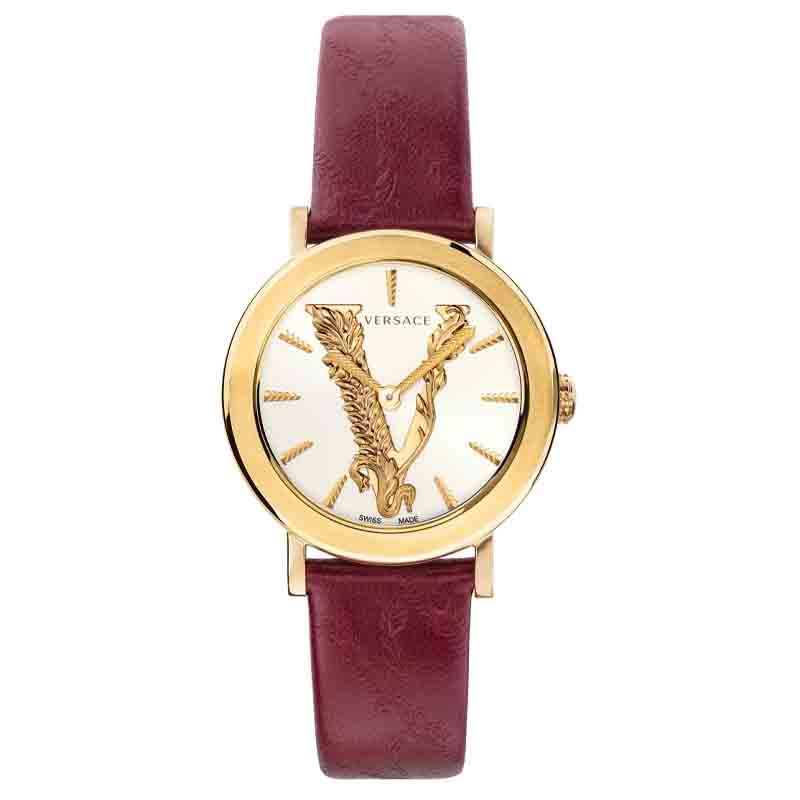 Versace Virtus Quarzuhr mit bordeaux Zifferblatt und weinrotem Lederarmband für Damen – VEHC00219, Damenuhr