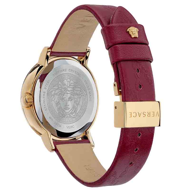 Versace Virtus Quarzuhr mit bordeaux Zifferblatt und weinrotem Lederarmband für Damen – VEHC00219, Damenuhr