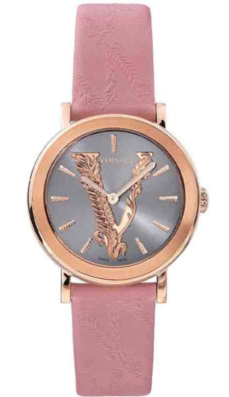 Versace Virtus Quarzuhr mit grauem Zifferblatt und rosafarbenem Lederarmband für Damen – VEHC00319, Damenuhr