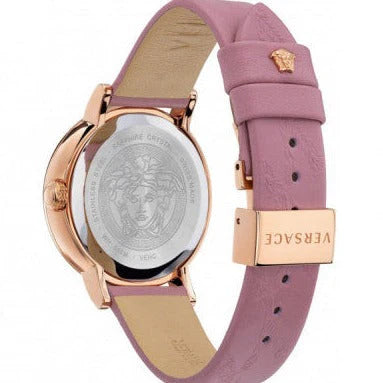 Versace Virtus Quarzuhr mit grauem Zifferblatt und rosafarbenem Lederarmband für Damen – VEHC00319, Damenuhr