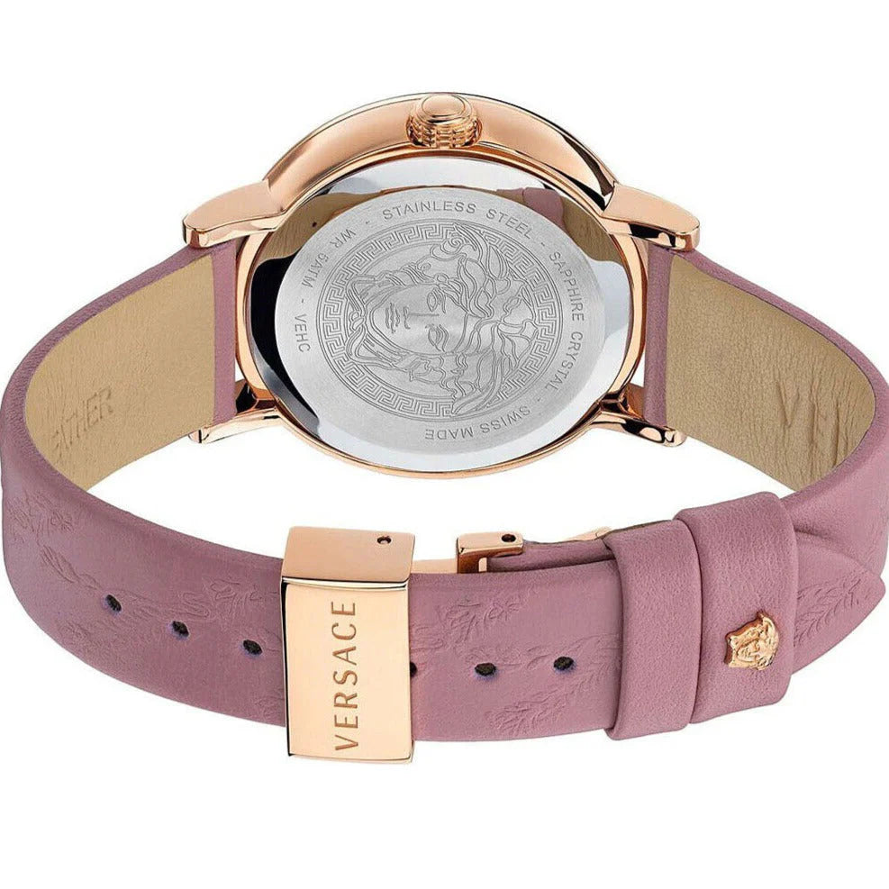 Versace Virtus Quarzuhr mit grauem Zifferblatt und rosafarbenem Lederarmband für Damen – VEHC00319, Damenuhr