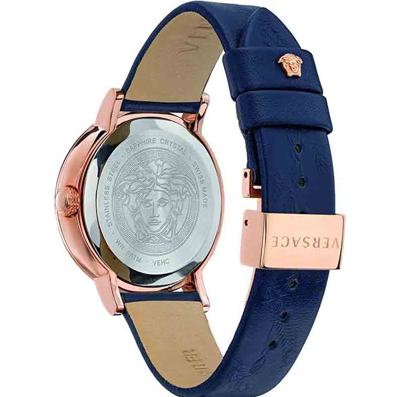 Versace Virtus Quarzuhr mit blauem Zifferblatt und blauem Lederarmband für Damen – VEHC00419