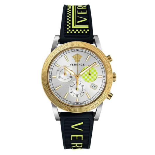 Versace Sports Tech Chronograph, silbernes Zifferblatt, schwarzes Kautschukarmband, Uhr für Damen – VELT00519,Damenuhr