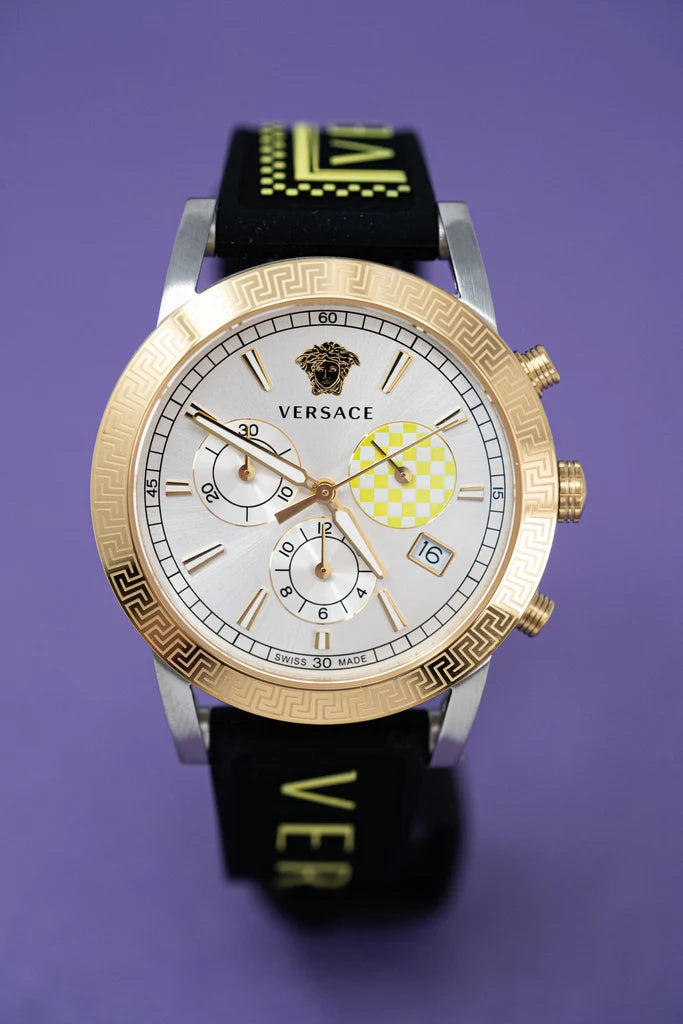 Versace Sports Tech Chronograph Silberzifferblatt Schwarze Gummiarmbanduhr für Damen – VELT00519