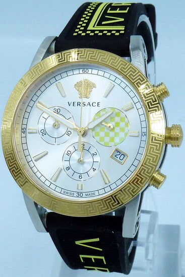 Versace Sports Tech Chronograph Silberzifferblatt Schwarze Gummiarmbanduhr für Damen – VELT00519